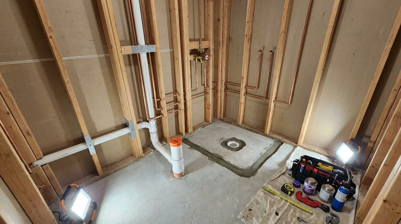 Bathroom rough-in plumbing during remodel by Johns Plumbing LLC in Media