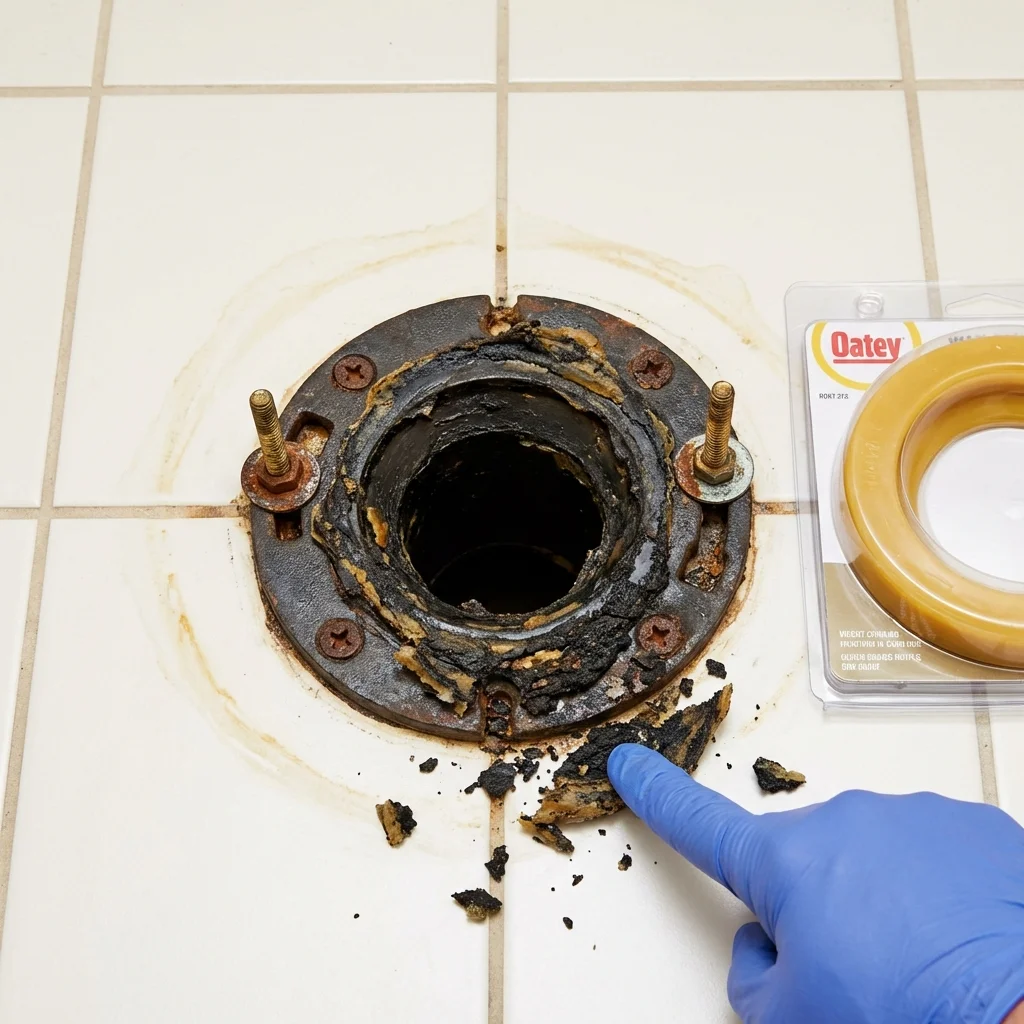 Failed wax ring showing water seepage at the base of a toilet in a Media, PA home