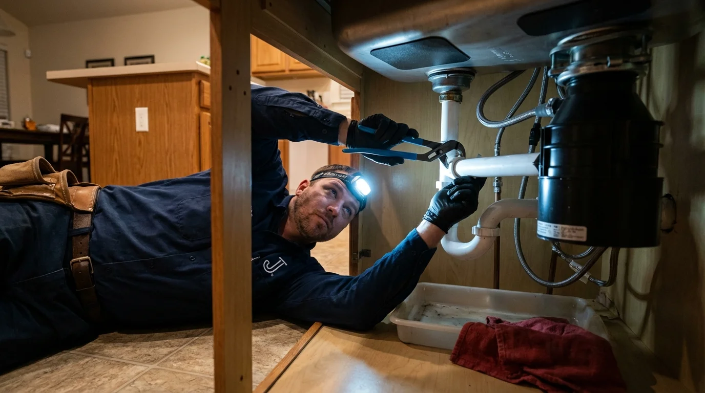 P-trap and supply line connections under a kitchen sink showing a common leak point in Media, PA